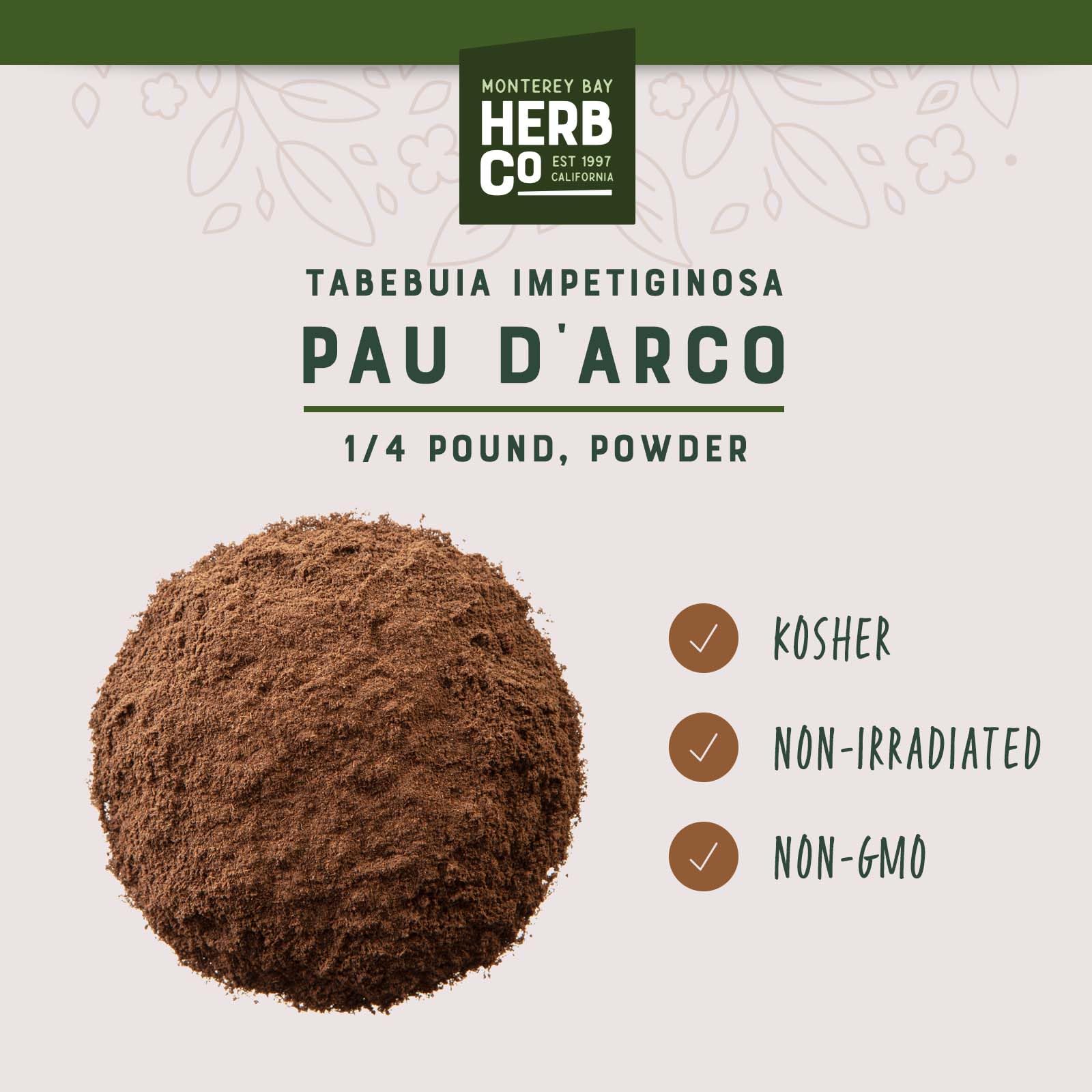 Pau D'Arco Powder - Inner Bark, by Herb Co, Tabebuia Impetiginosa, from Brazil, Kosher, for Encapsulation, Tea Blends, Soaps, Lotions, Body Washes