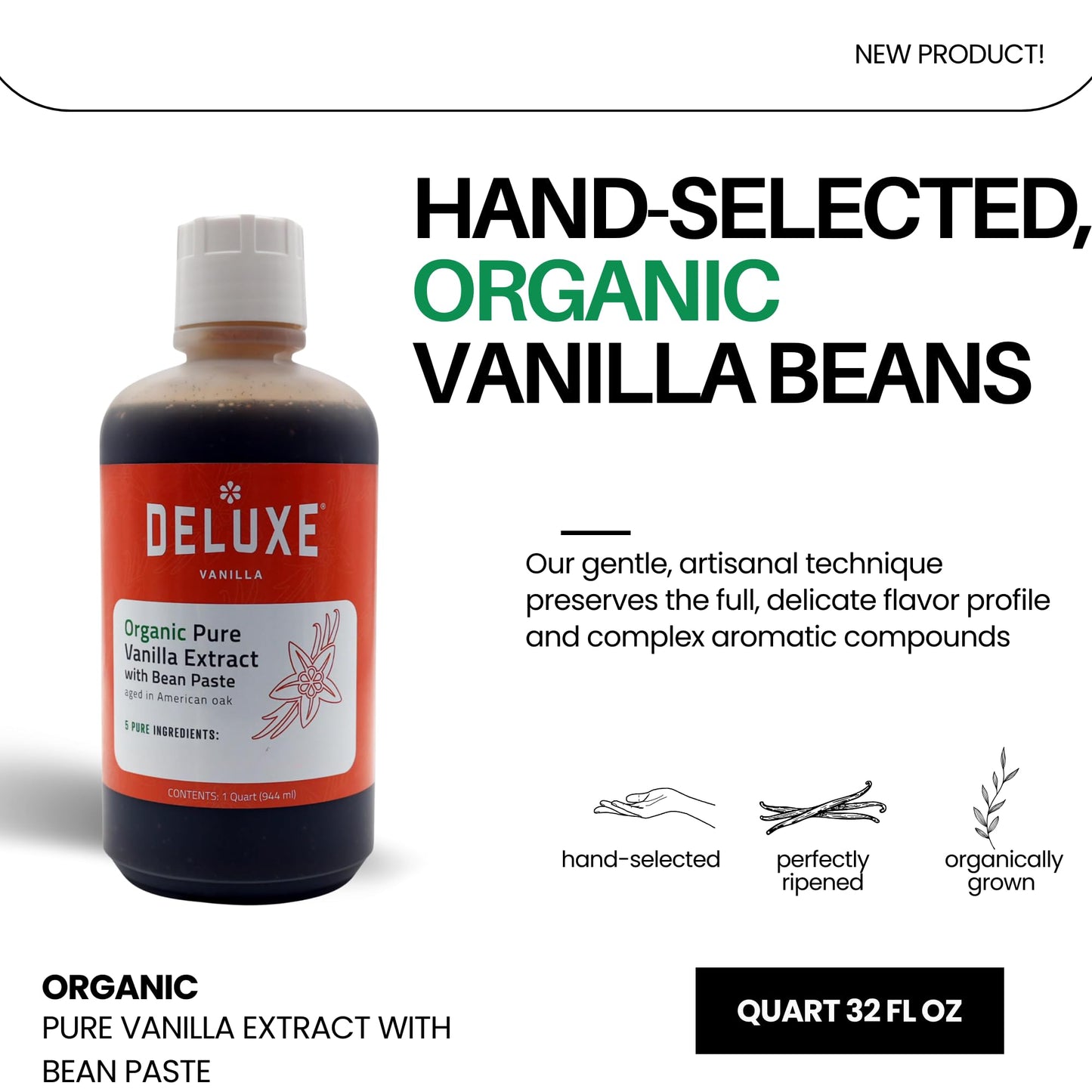 Organic Vanilla Extract with Bean Paste, 32 oz / 1 Quart - Small Batch, Hand, Selected Beans, Slow-Cold Extraction Aged in American Oak Kosher