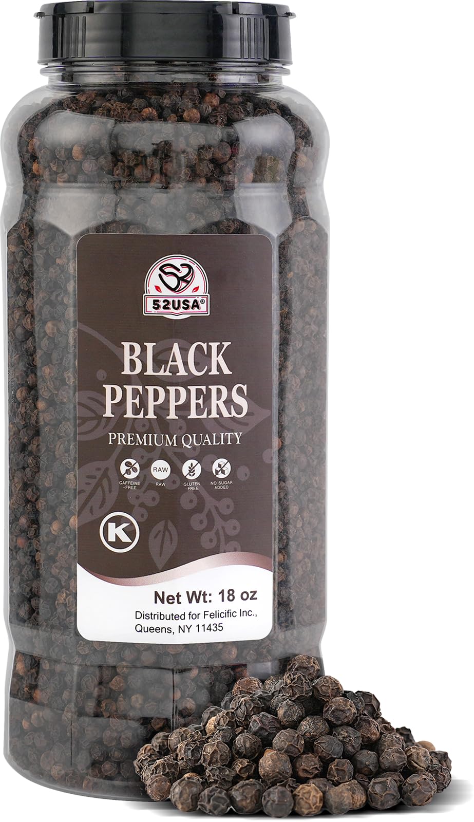 52USA Whole Black Peppercorns, 18oz (Pack of 1), Peppercorns for Grinder Refill, Gluten-Free, Kosher, Non-GMO, All Natural Black Pepper, Perfect for