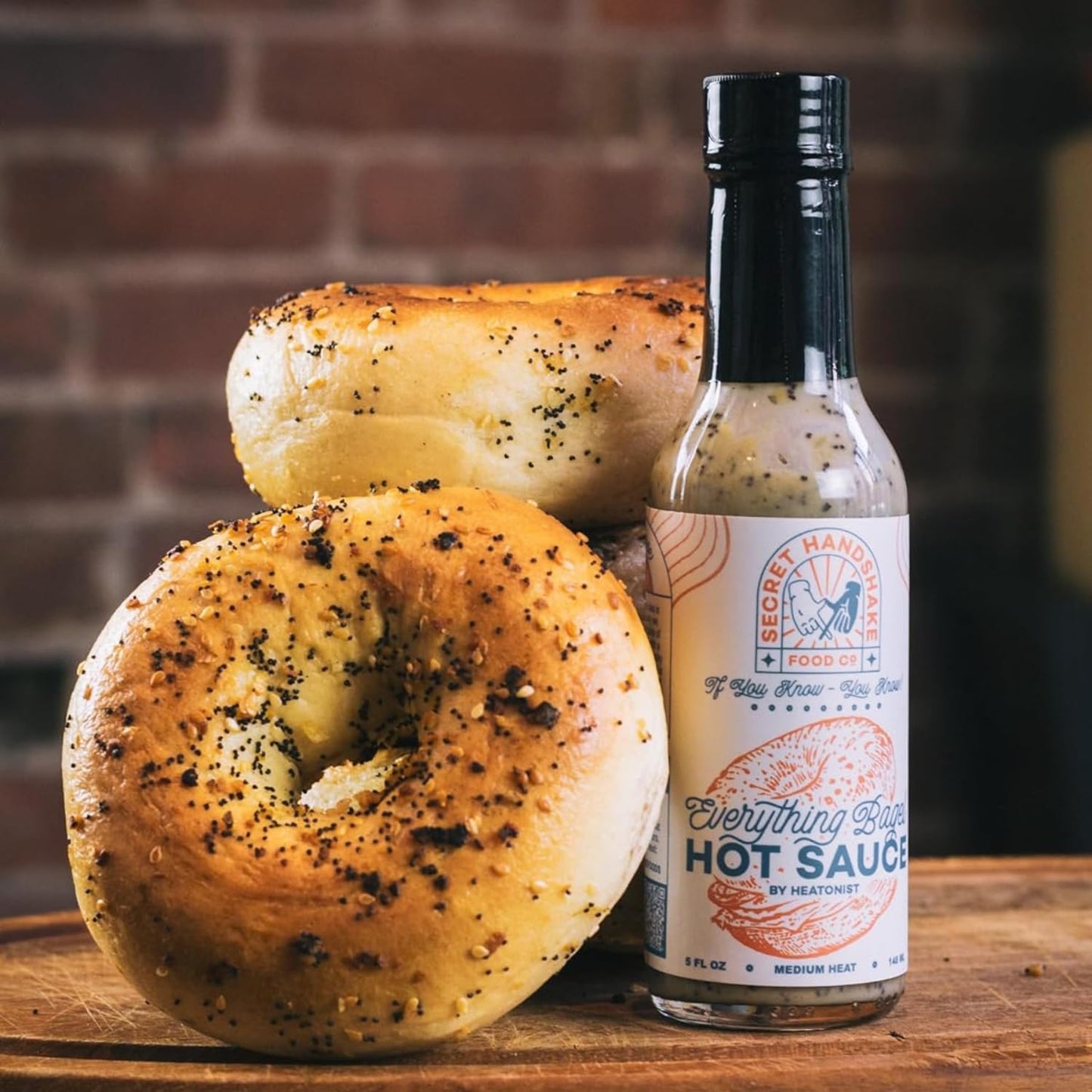 Everything Bagel Sauce by Secret Handshake Food Co., Mild Heat Hot Sauce With Flavors of Scorpion Pepper Powder, Sesame Seeds & Turmeric, Made