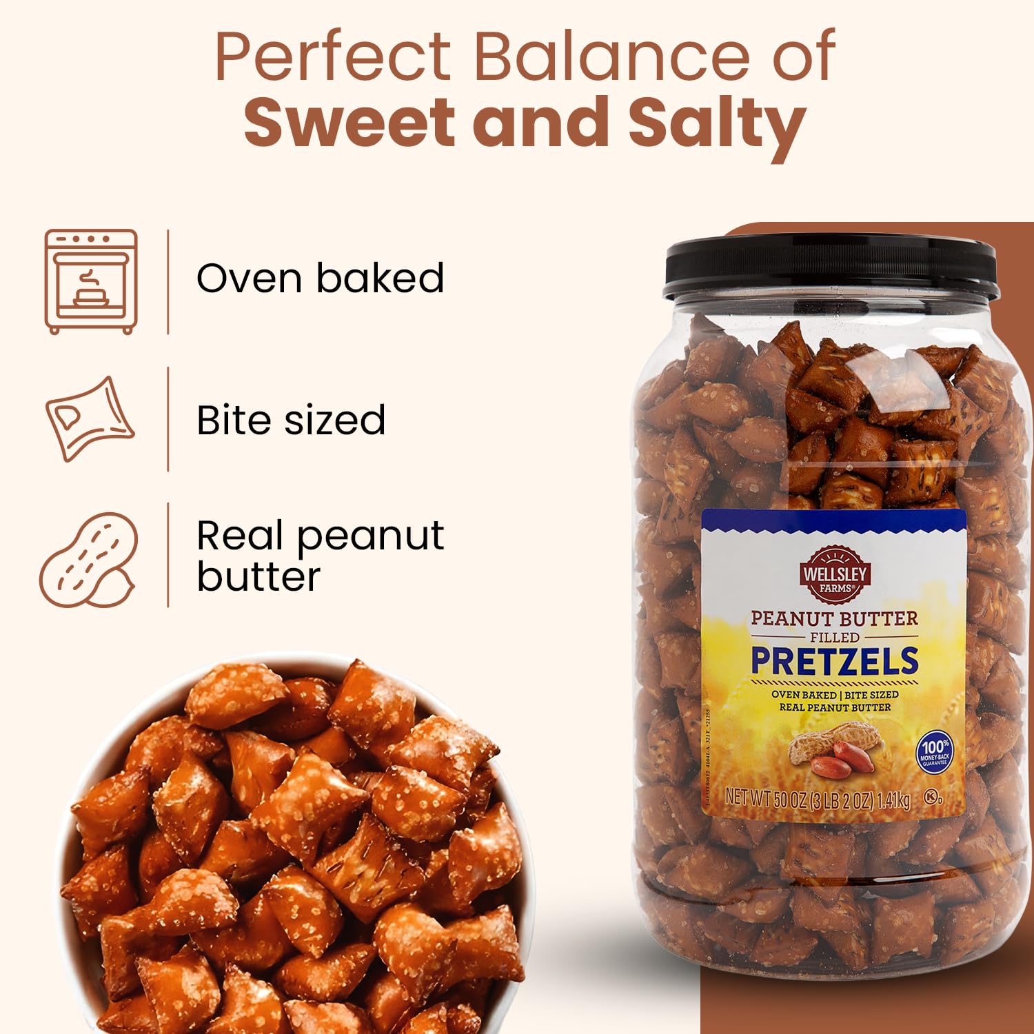 Wellsley Farms Peanut Butter Filled Pretzels, Crunchy Nuggets with Real, Salty Snacks for Adults & Kids, Perfect for Parties, Movies & On-the-Go