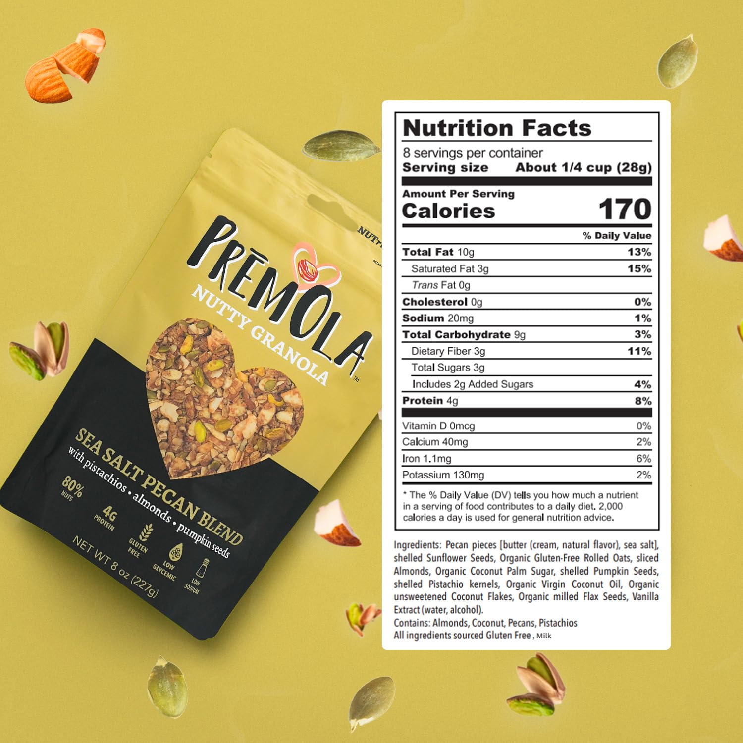 PremOla Nutty Granola, Sea Salt Pecan Blend - Gluten Free, Low Sugar, Vegetarian Granola with Pistachios, Almonds & Pumpkin Seeds, Packed with Protein