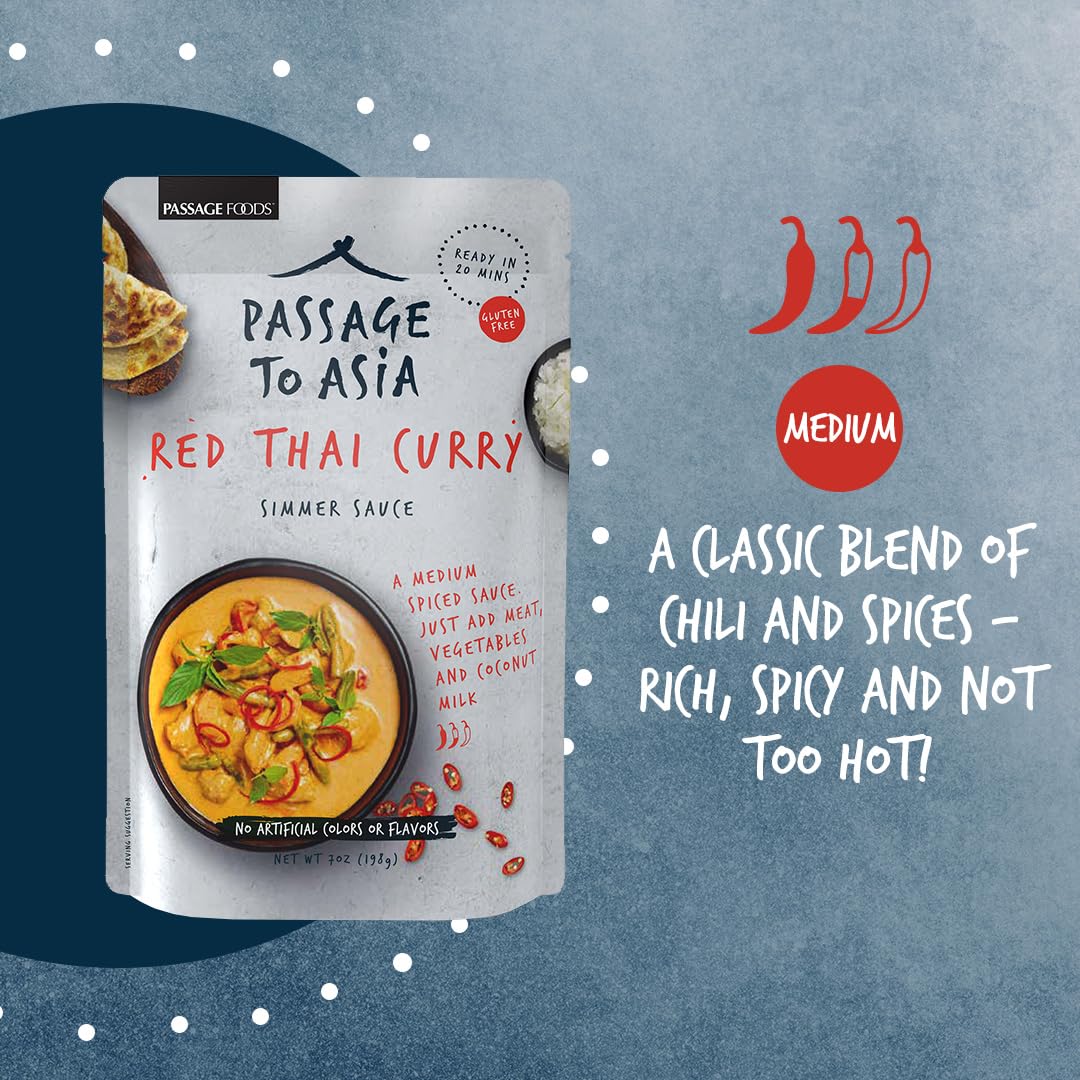 Passage to Asia Red Thai Curry Stir Fry Sauce, Authentic Thai Curry Sauce & Simmer Sauce, Gluten-Free, Just Add Coconut Milk, Serves 3, 7 oz