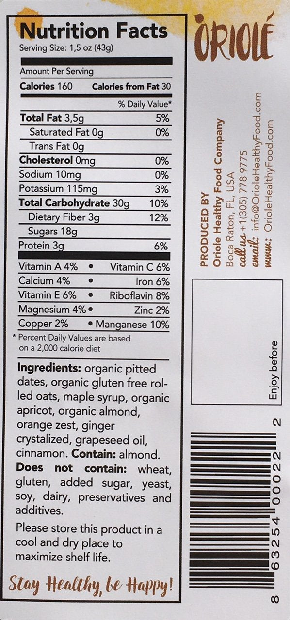 Oriole Gluten free Organic Granola Bar, Apricot & Ginger, 1.5 OZ bar ( pack of 10 bars)