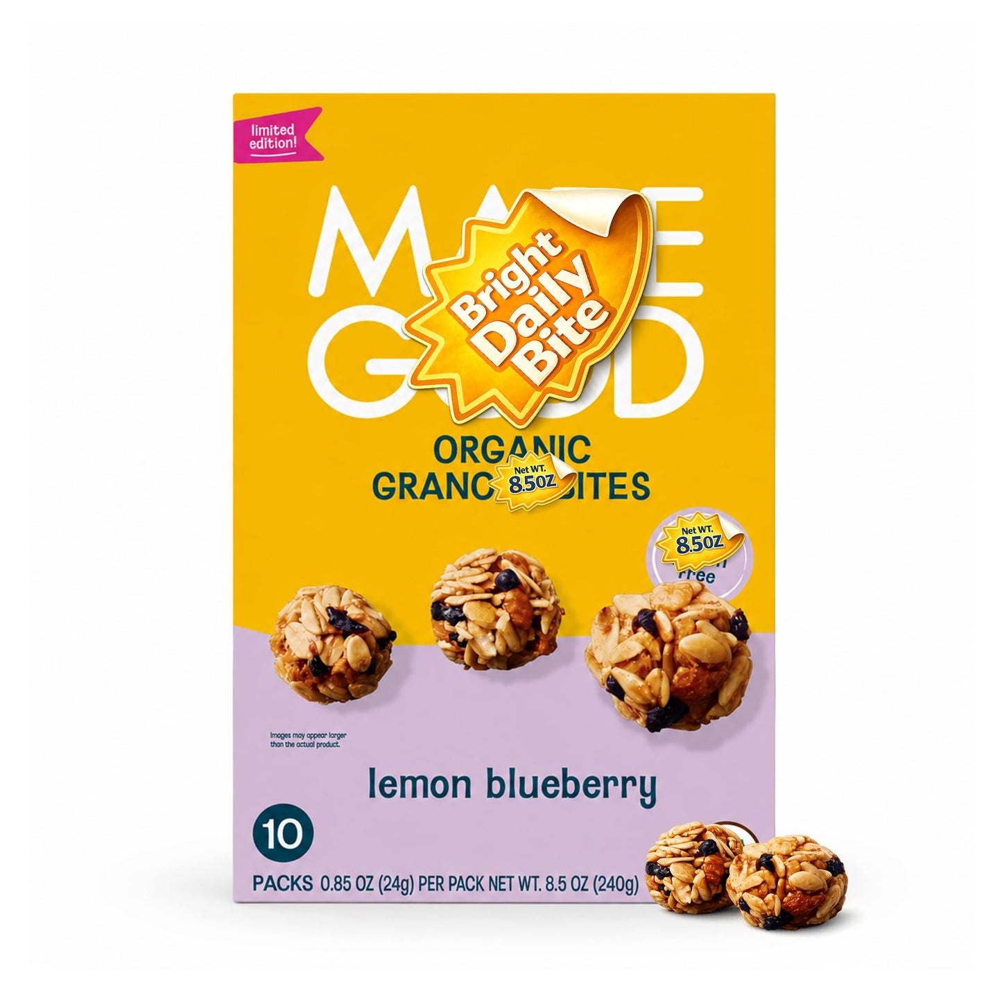 SHOPSHIPNOW Lemon Blueberry Granola Bites, Organic Oat Snack Packs, Individually Wrapped Bite Size, 10 Count, 8.5 oz