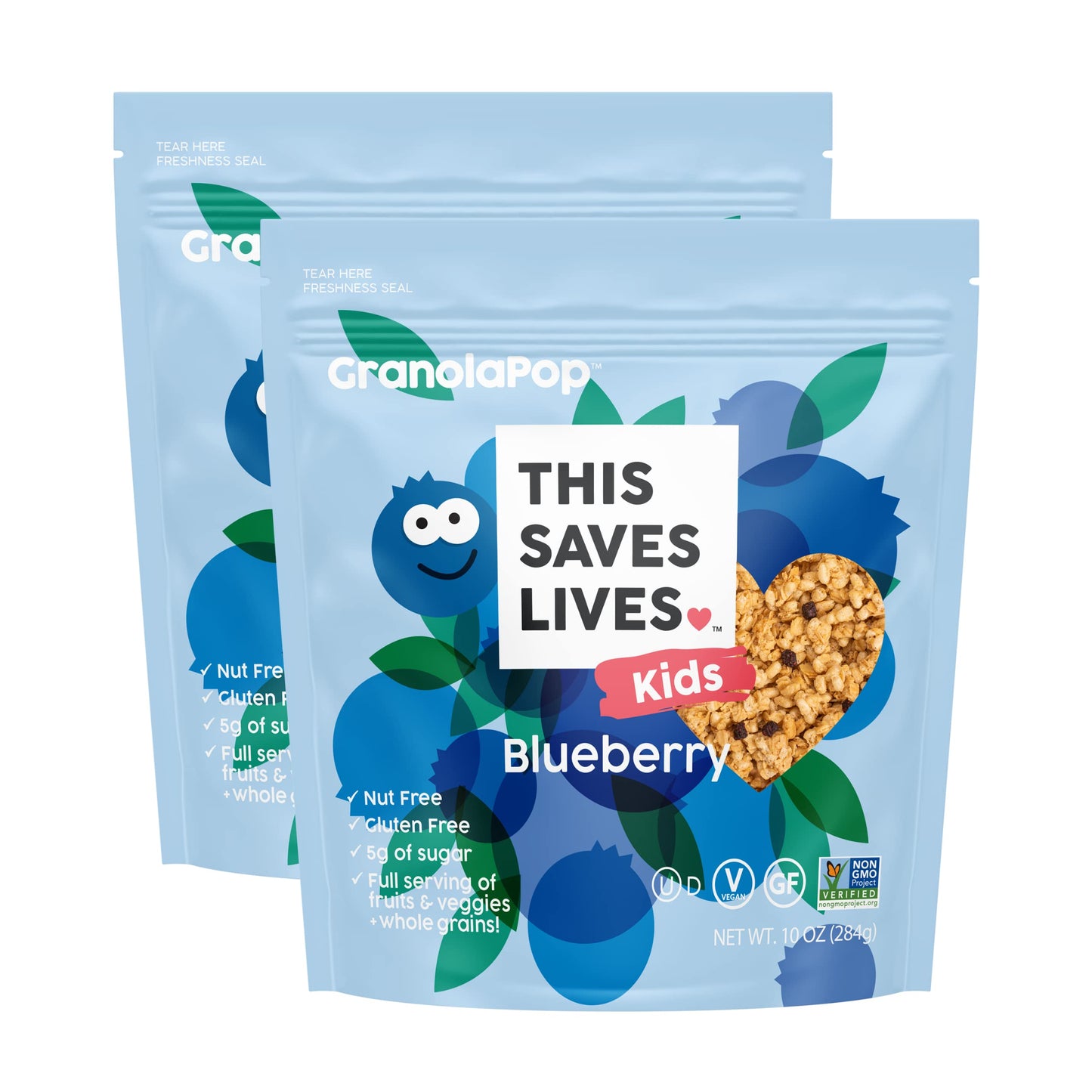 This Saves Lives Kids' GranolaPop, Blueberry Granola, Healthy Safe-For-School Kids' Breakfast and Snack, Vegan, Gluten Free, Nut Free, Dairy Free, Non