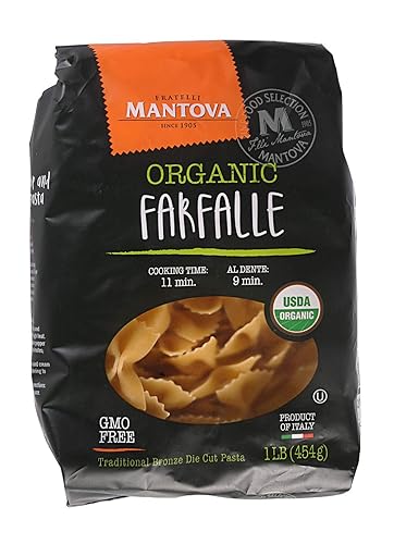 Mantova Italian Organic Pasta Bowtie Farfalle - 100% Durum Semolina Organic Farfalle -Product Of Italy, 1 Pound, (Pack of 6)