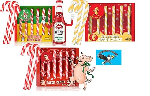 Mac & Cheese, Bacon & Ketchup 18ct Christmas Candy Canes - Funny Savory Holiday Candy, Novelty Gag Gift, Weird Flavor Stocking Stuffers
