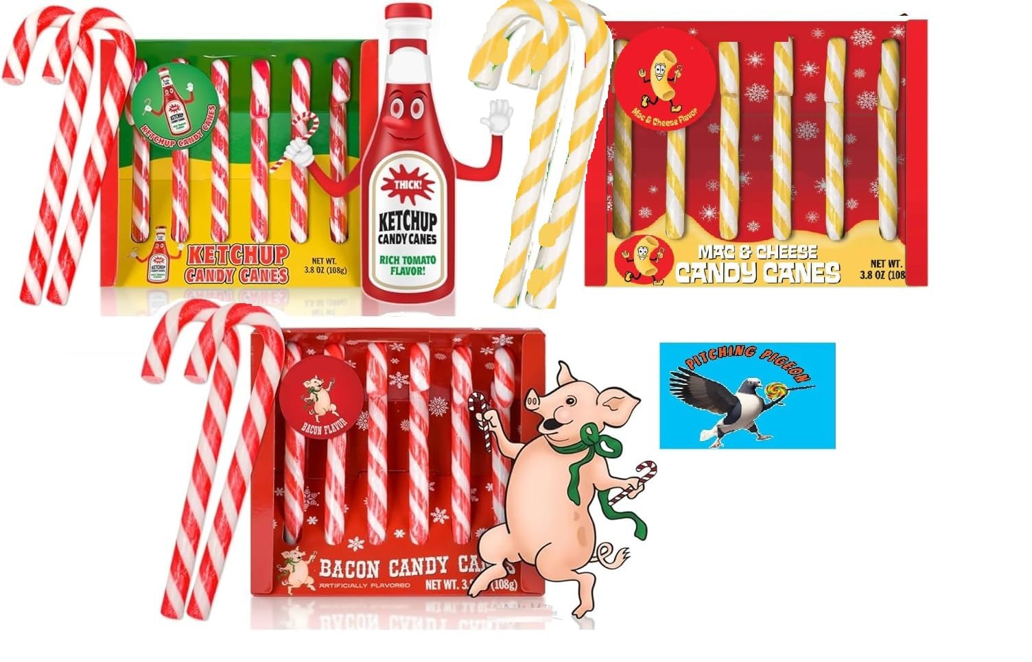 Mac & Cheese, Bacon & Ketchup 18ct Christmas Candy Canes - Funny Savory Holiday Candy, Novelty Gag Gift, Weird Flavor Stocking Stuffers