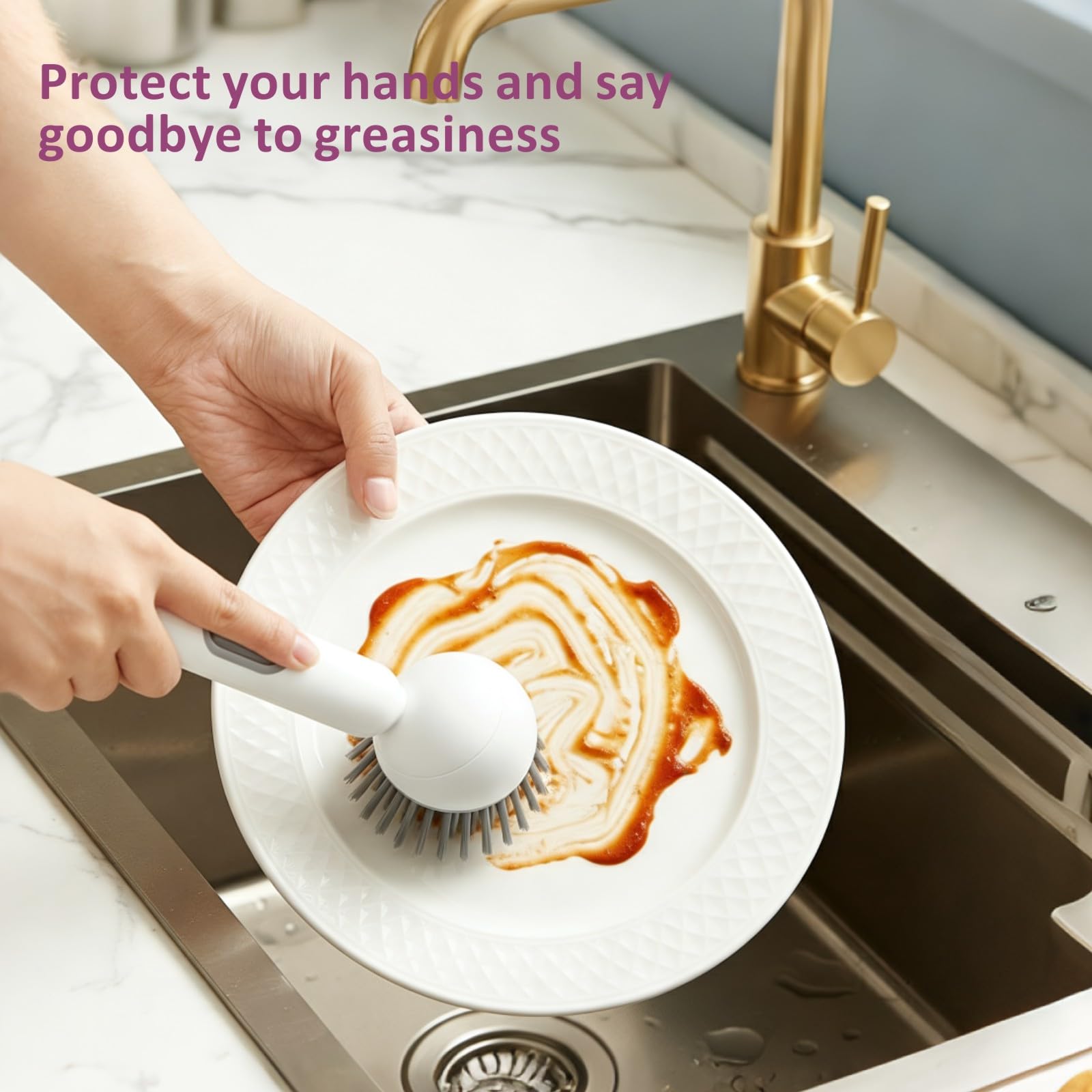 QMUNLLO 360° Rotating Dish Brush with Soap Dispenser, Non-Slip Long Handle Kitchen Scrubber Cleaning Set with Towel and Wall Hook, Ideal for Sink