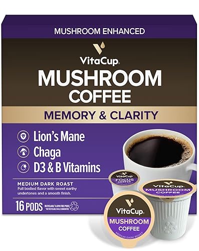 VitaCup Mushroom Coffee Pods, Boost Focus & Immunity w/Lions Mane, Chaga, B Vitamins, D3 for Memory & Clarity, Medium Roast, Single Serve Pod