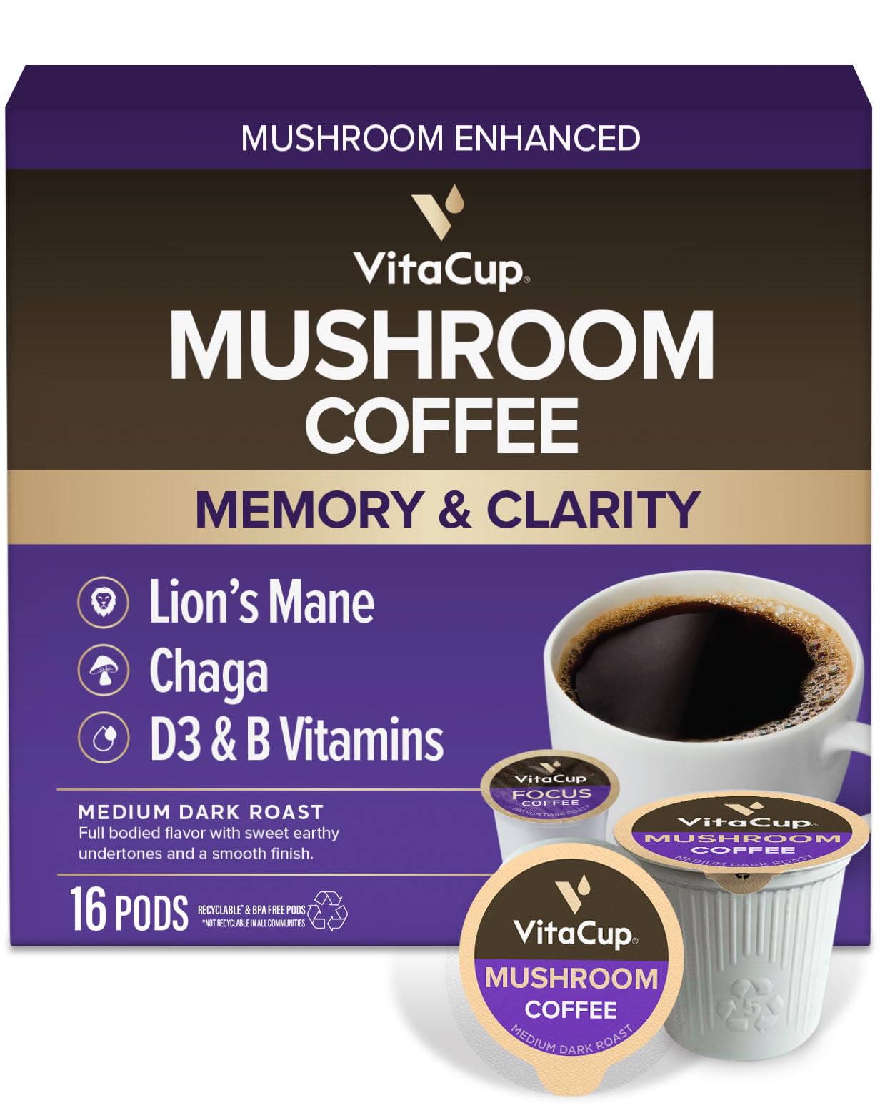 VitaCup Mushroom Coffee Pods, Boost Focus & Immunity w/Lions Mane, Chaga, B Vitamins, D3 for Memory & Clarity, Medium Roast, Single Serve Pod