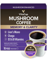 VitaCup Mushroom Coffee Pods, Boost Focus & Immunity w/Lions Mane, Chaga, B Vitamins, D3 for Memory & Clarity, Medium Roast, Single Serve Pod