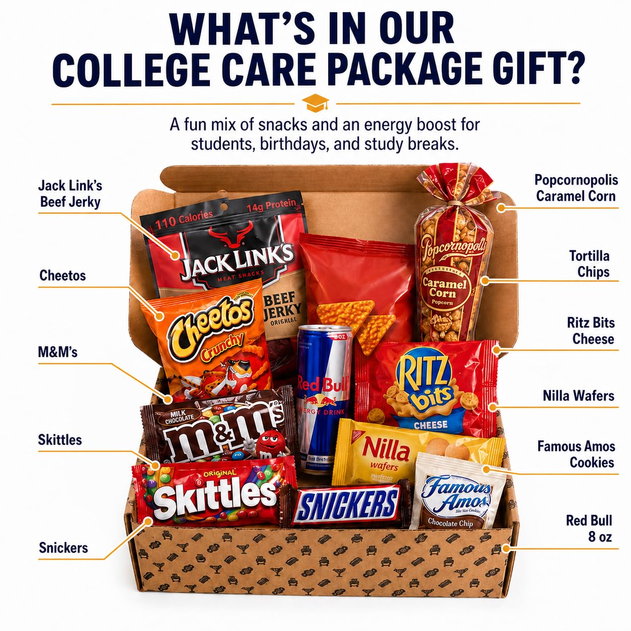 BroBox College Care Package Snack Box | Large Variety Pack with Chips, Cookies, Candy, Popcorn, Beef Jerky, Nuts & Energy Drink | Dorm Snack Box