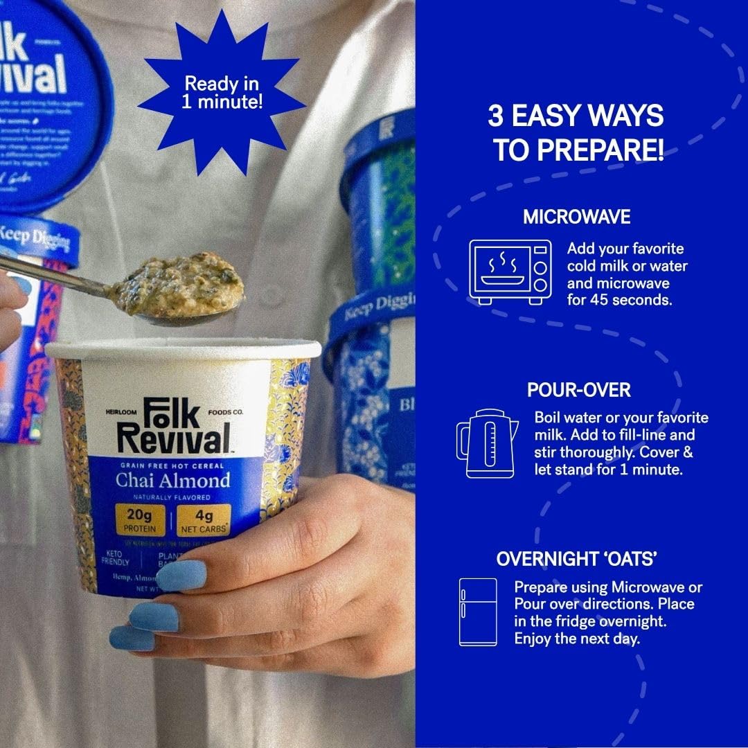 Folk Revival Variety Pack Keto Instant 'Oatmeal' - 20g of Protein, Low Carb, High Fiber, 2 Blueberry, 2 Maple Walnut, 1 Chai Almond, 1 Original - 6
