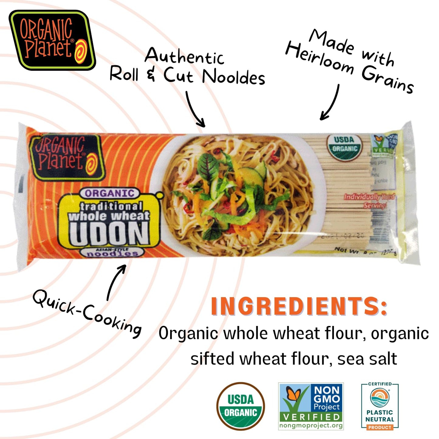 Organic Planet Udon Noodles, Whole Wheat Asian Pasta, Non-GMO, 8 oz (6 pack)