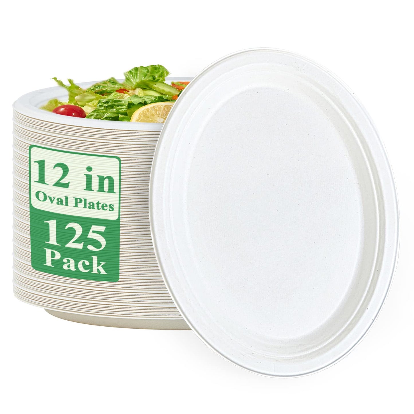 Vplus 100% Compostable Oval Paper Plates 12 inch 125 Pack Super Strong Disposable Paper Plates Bagasse Natural Biodegradable Eco-Friendly Sugarcane