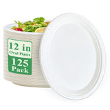Vplus 100% Compostable Oval Paper Plates 12 inch 125 Pack Super Strong Disposable Paper Plates Bagasse Natural Biodegradable Eco-Friendly Sugarcane