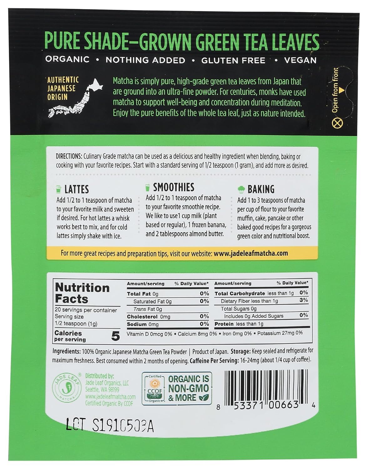 Jade leaf Matcha Organic Japanese Matcha, 20 GR
