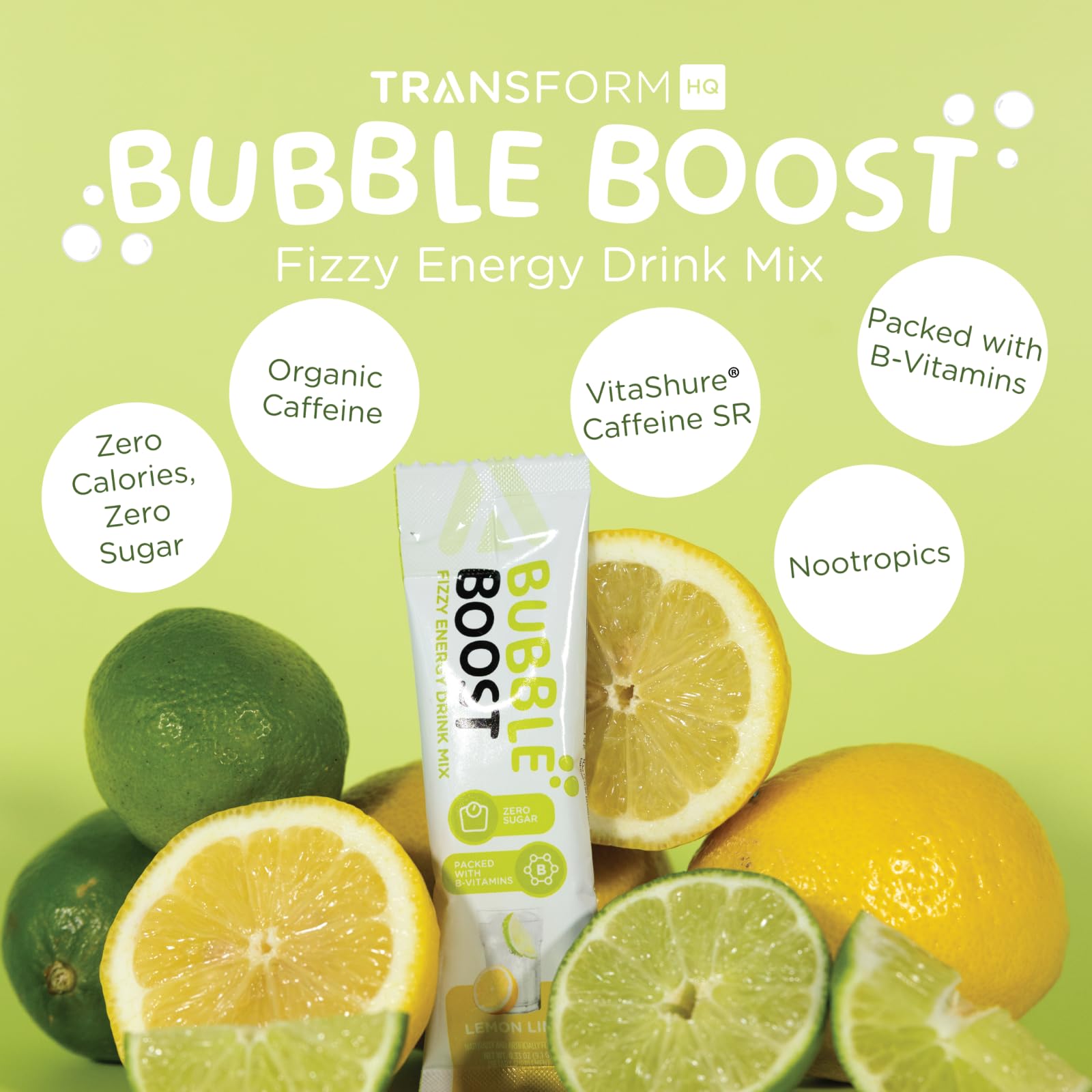 TransformHQ Bubble Boost Fizzy Energy Drink Mix (Lemon Lime Flavored) 21 Packets
