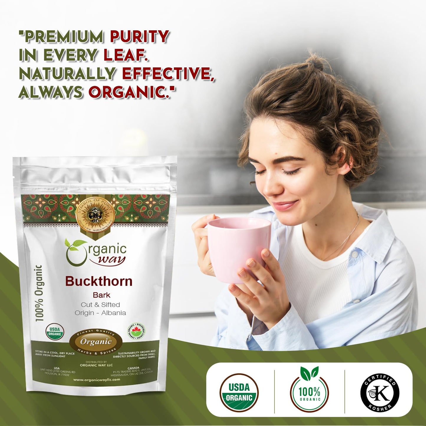 Organic Way Dried Buckthorn Bark (Frangula Alnus) Cut & Sifted - Organic & Kosher Certified | Raw, Vegan, Non GMO & Gluten Free | USDA Certified |