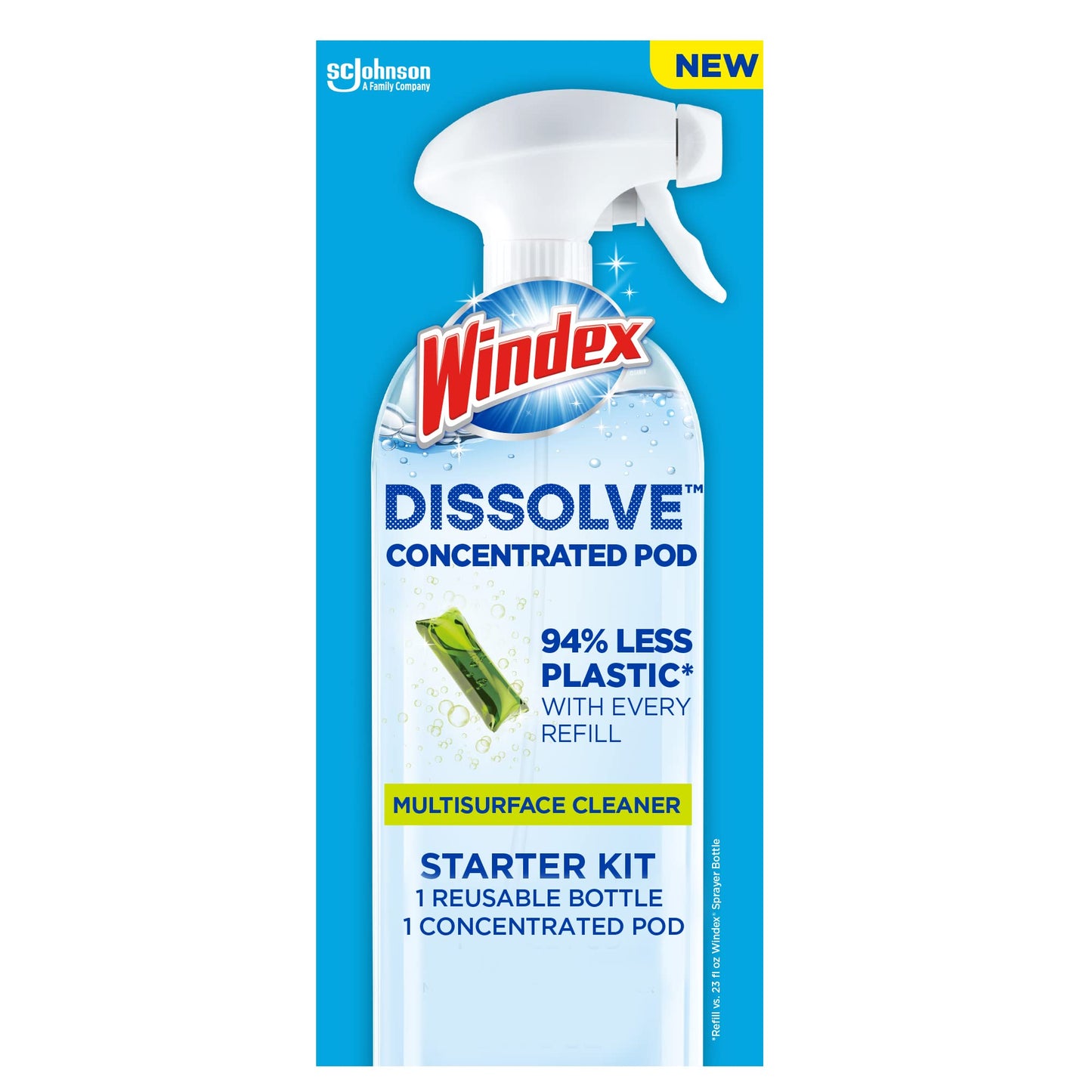 Windex Dissolve Concentrated Pods, Multisurface Cleaner Starter Kit contains 1 Reusable Bottle, 1 Concentrated Dissolvable Pod