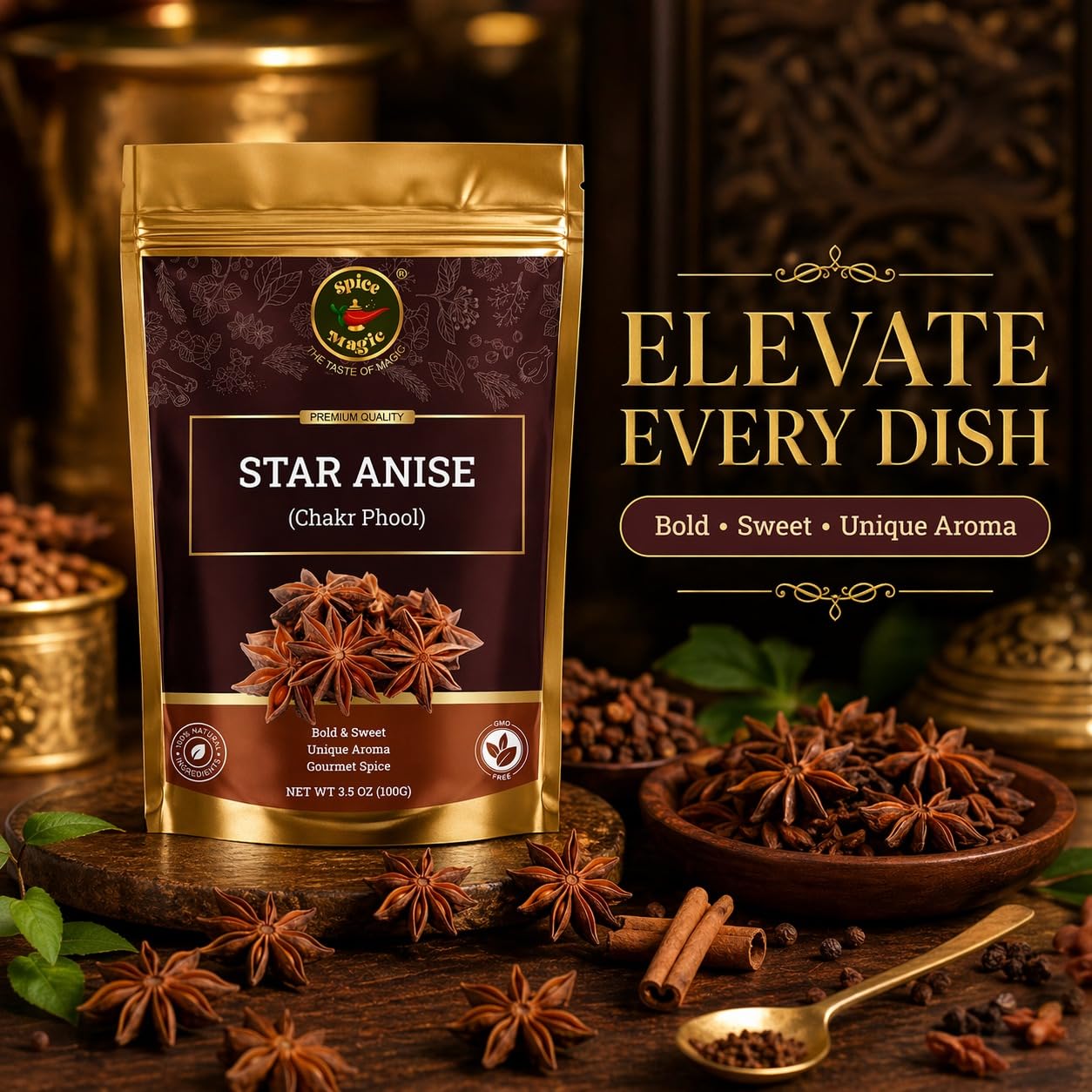 Spice Magic Star Anise Whole 3.5 oz I Perfect for Cooking, Baking, and Brewing Tea I Chinese Star Anise Whole Pods | All-Natural, Gluten Free, Non-GMO