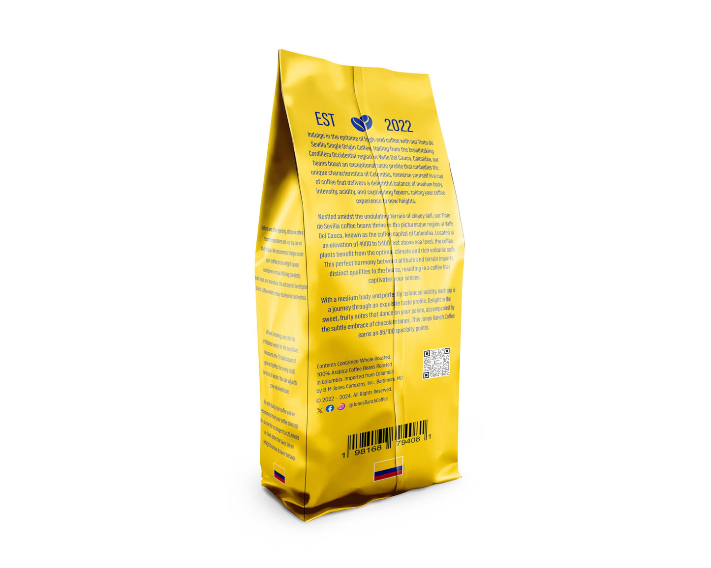 Jones Ranch Coffee Company Tinto de Sevilla, Single Origin, Premium, 100% Arabica Whole Bean Coffee, Colombia, Specialty Coffee, 12 oz, Fresh, Fair