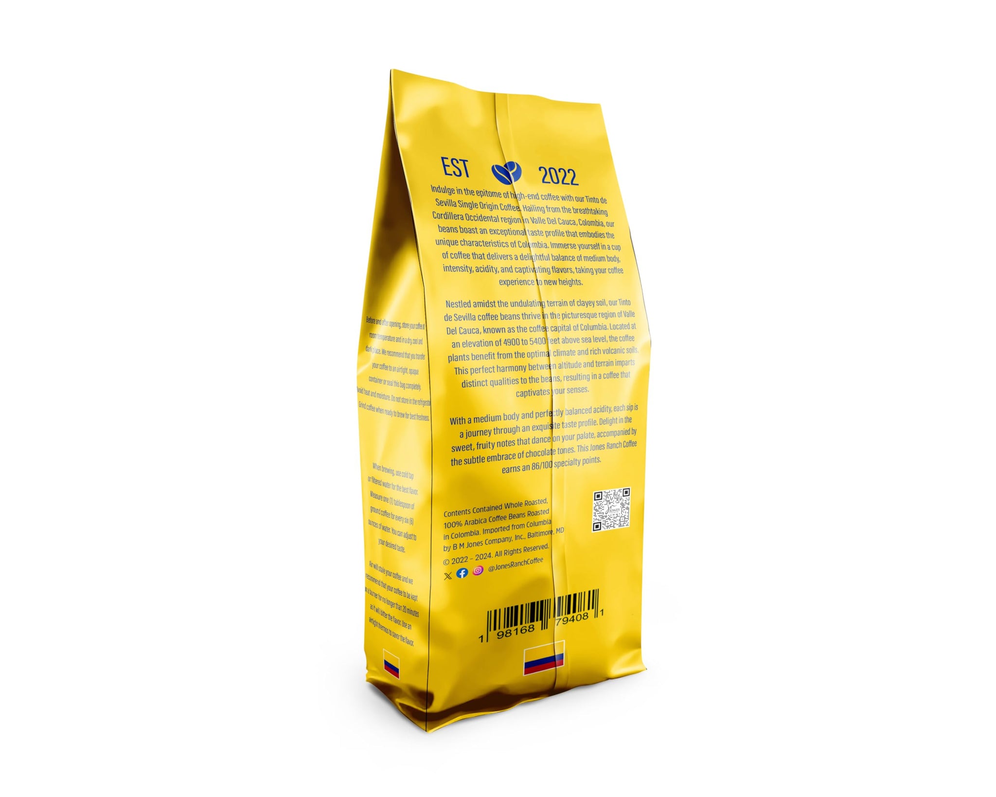 Jones Ranch Coffee Company Tinto de Sevilla, Single Origin, Premium, 100% Arabica Whole Bean Coffee, Colombia, Specialty Coffee, 12 oz, Fresh, Fair