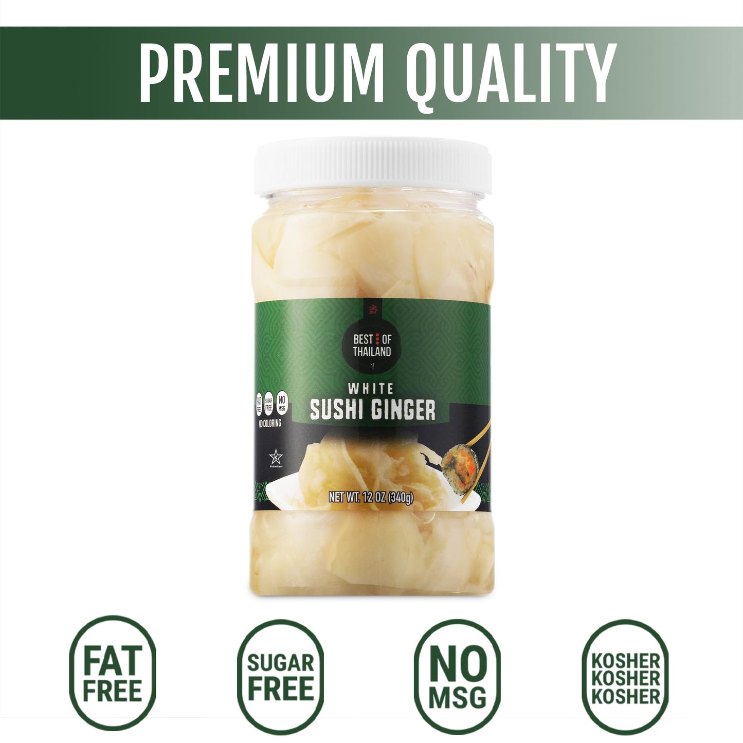 Best of Thailand Japanese White Pickled Sushi Ginger | No MSG | 2 Jars of 12oz Fresh Sliced Young Gari Pickled Ginger in All Natural, Sweet Pickling