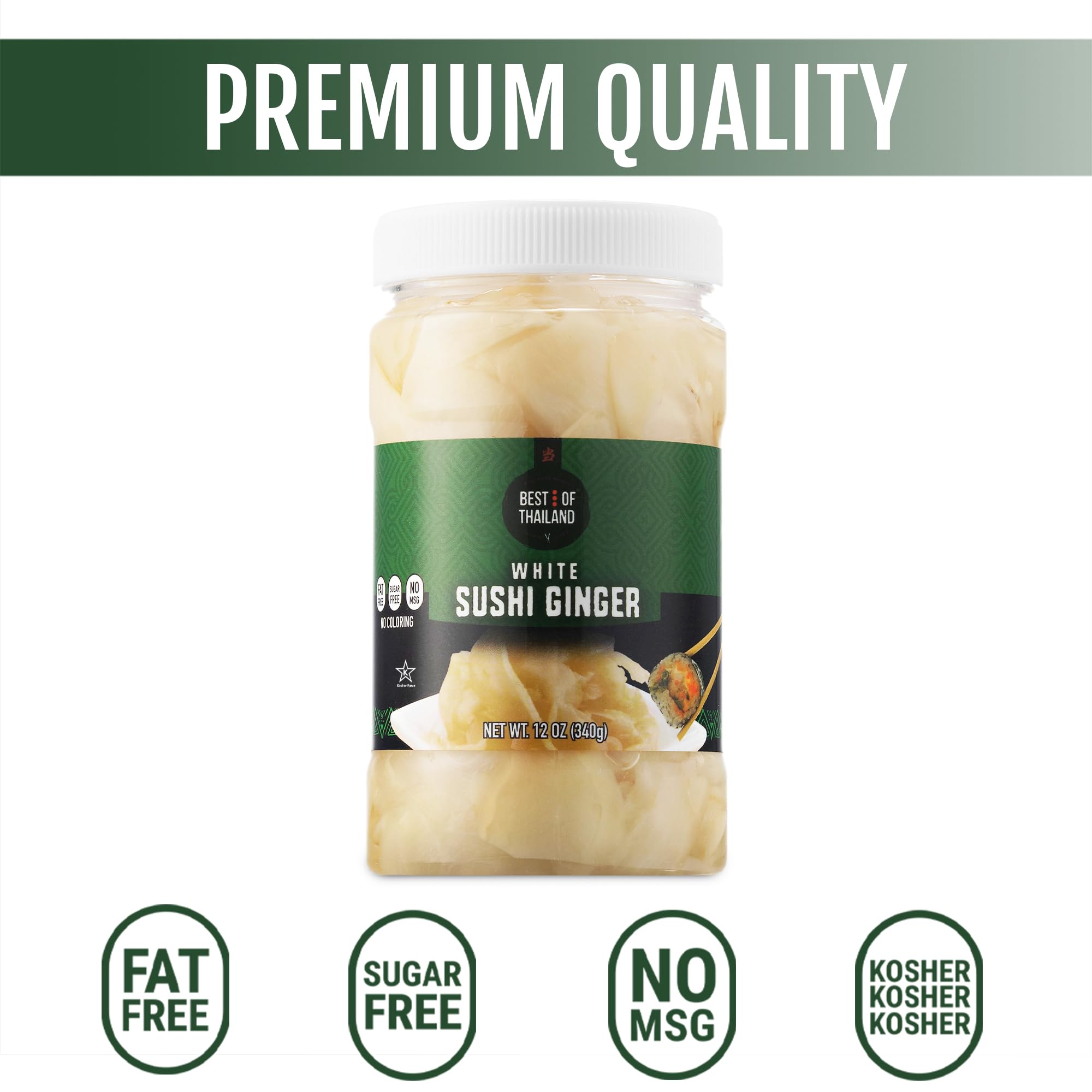 Best of Thailand Japanese White Pickled Sushi Ginger | No MSG | 2 Jars of 12oz Fresh Sliced Young Gari Pickled Ginger in All Natural, Sweet Pickling