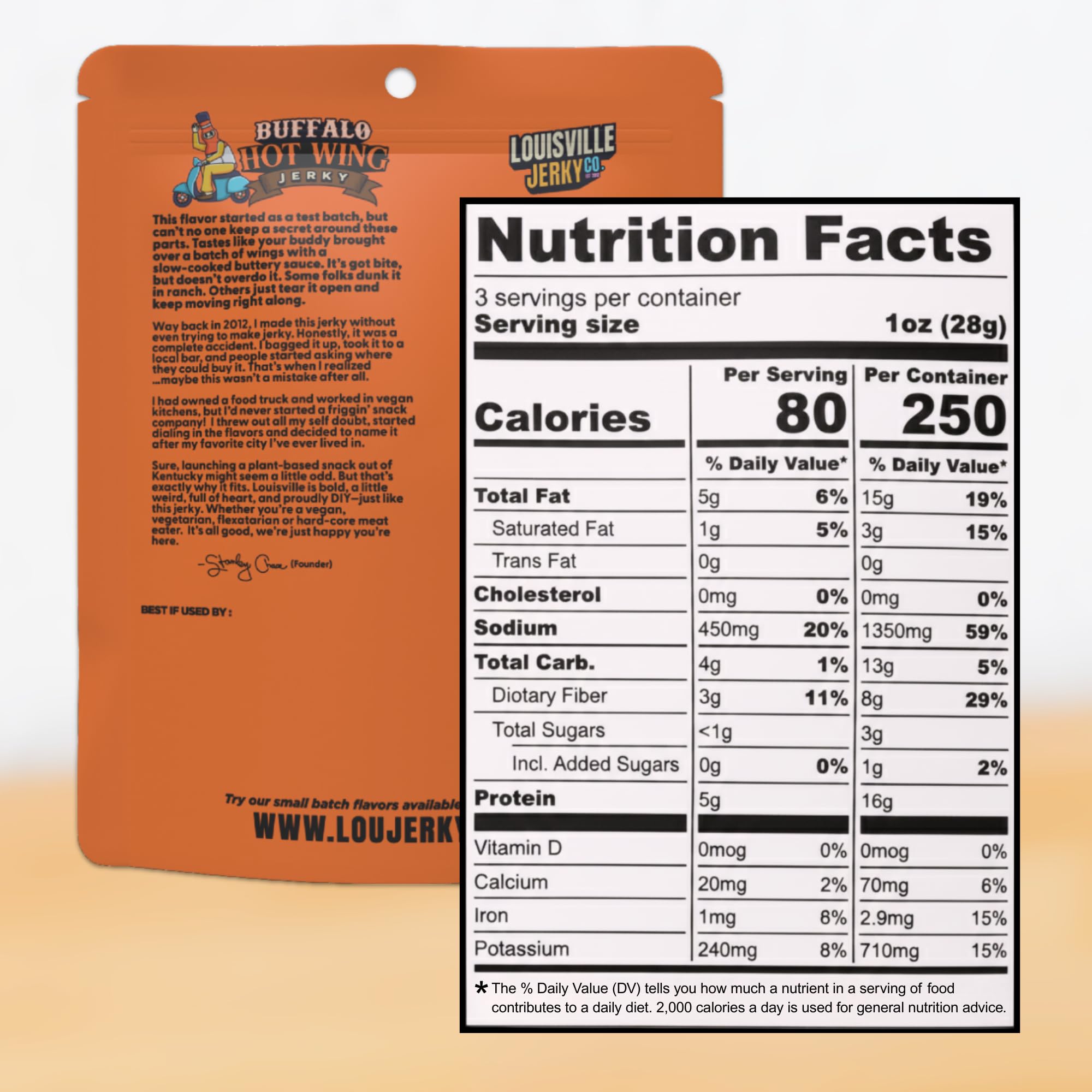 Louisville Vegan Jerky - Buffalo Hot Wing Vegan and Vegetarian Meat - Lip-Smacking Jerky - Gluten-Free High Protein Vegan Snacks 18 grams of Non-GMO