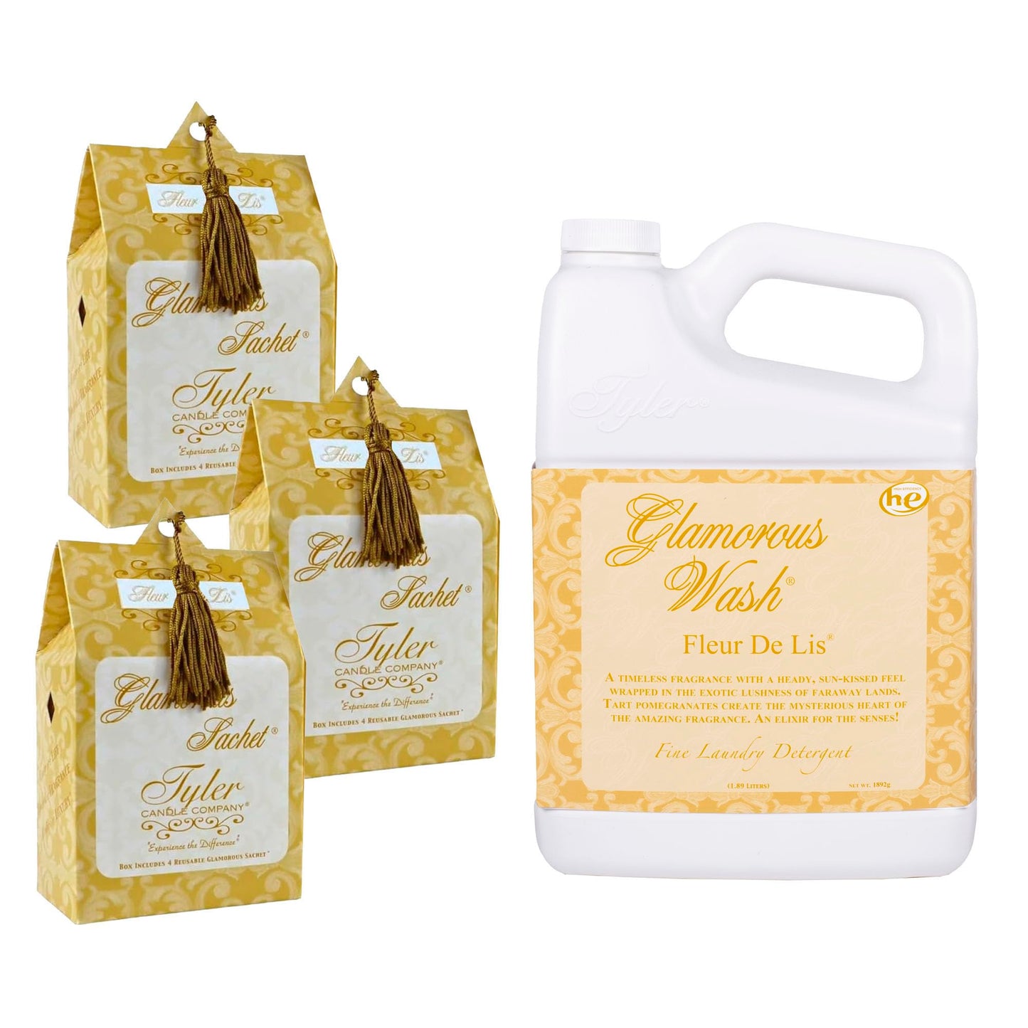 Elanze Designs Tyler Candle FLEUR DE LIS Glam Laundry Detergent and Scented Sachet 32 Ounce Bundle; set of 4