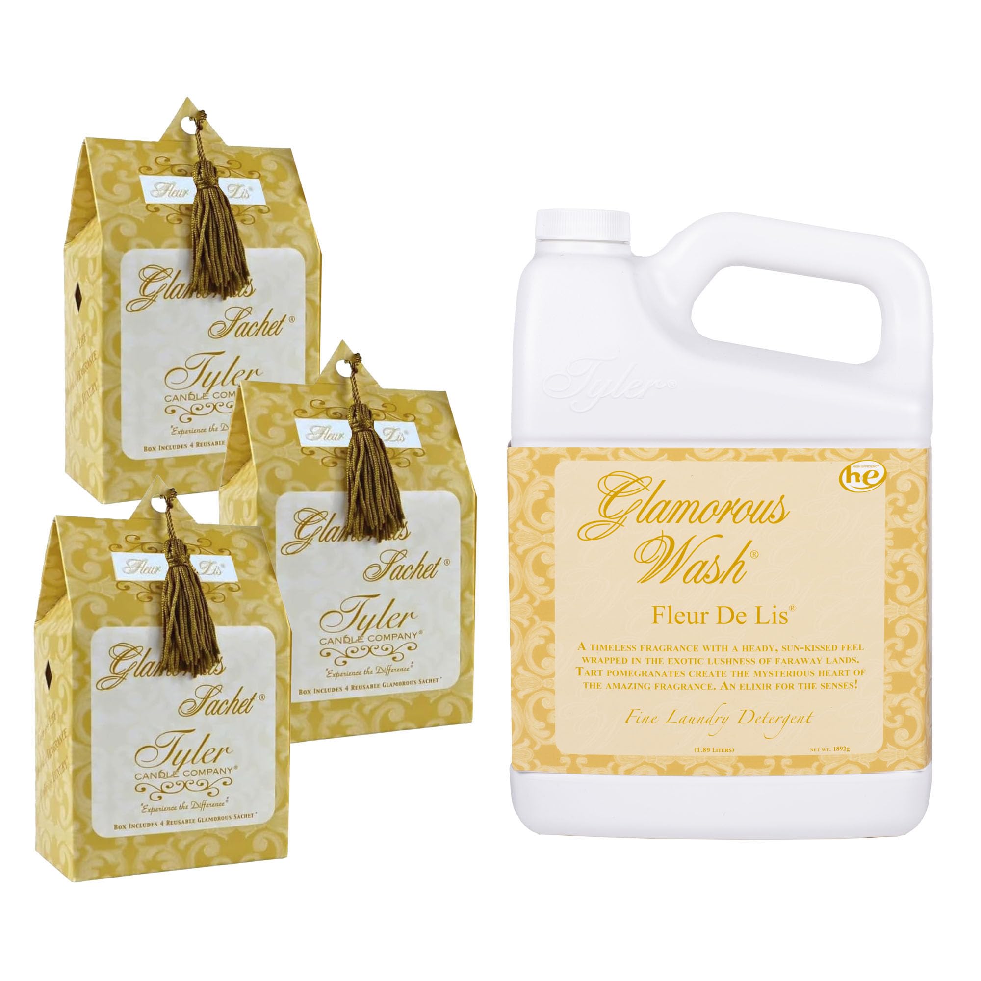 Elanze Designs Tyler Candle FLEUR DE LIS Glam Laundry Detergent and Scented Sachet 32 Ounce Bundle; set of 4