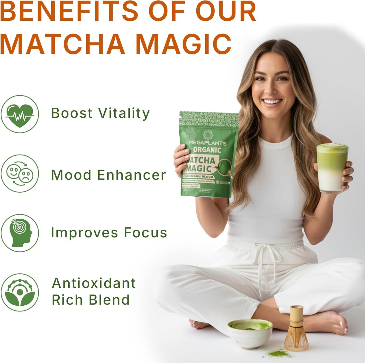 MEGAPLANTS Mushroom Matcha Magic (30 Servings) | Ceremonial Grade Japanese Matcha with Adaptogenic Mushrooms | Clean Energy & Calm Focus - Coffee