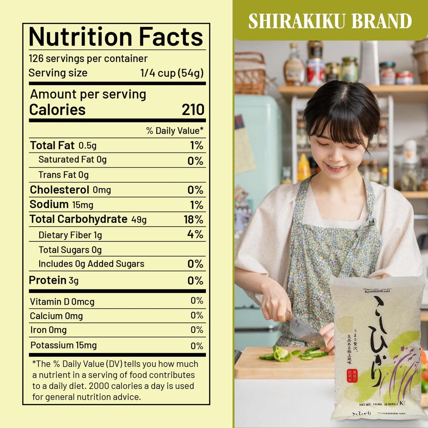 Shirakiku Dried Grains & Rice - Japanese Short Grain White Koshihikari - Uncooked Premium Quality Low Carb Sweet Sticky Sushi Rice, 15 Pounds bag