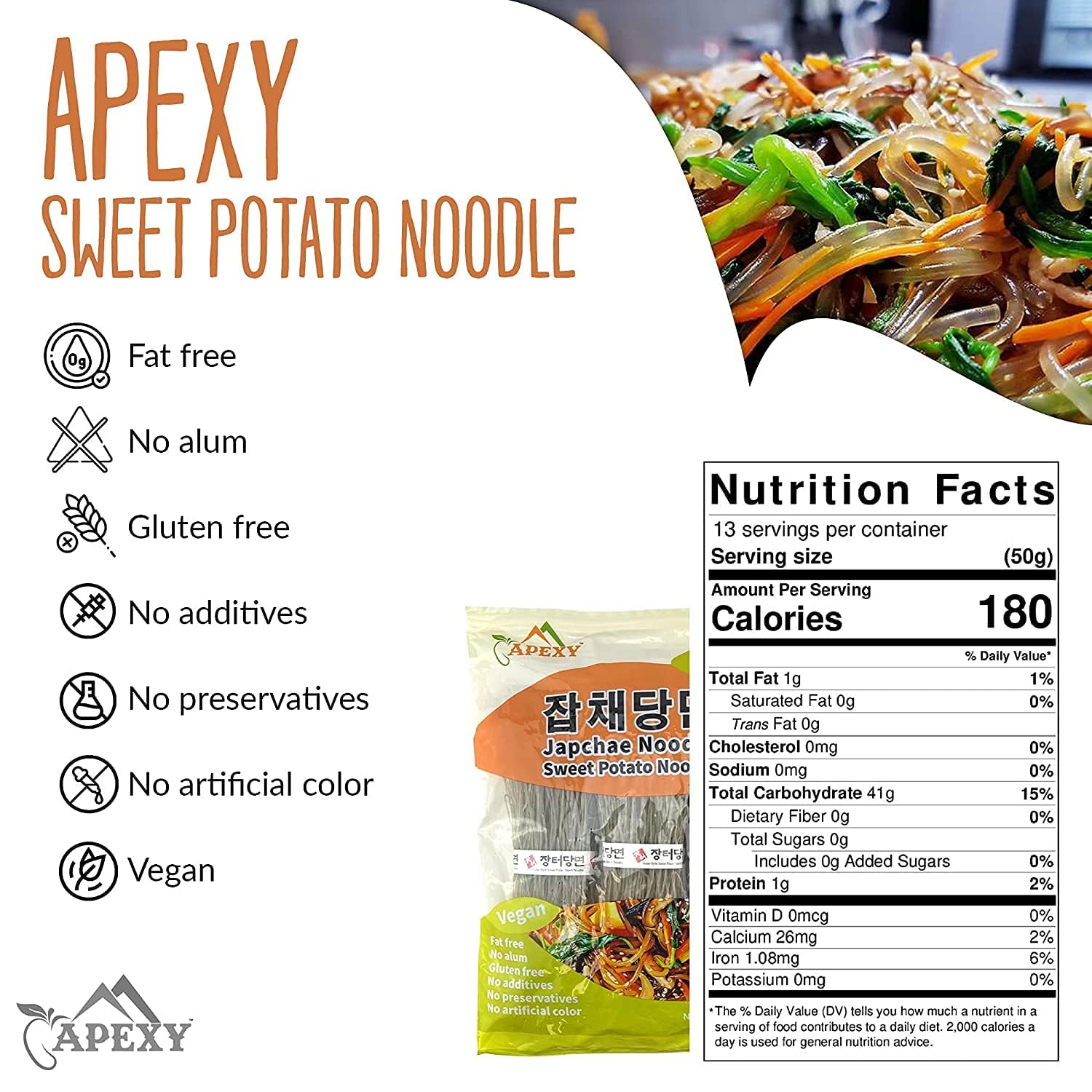 APEXY Sweet Potato Glass Noodles, Japchae Noodles, Korean Vermicelli Pasta, Fat-free and Gluten-free, 100% Sweet Potato Starch, No Additive, No Alum