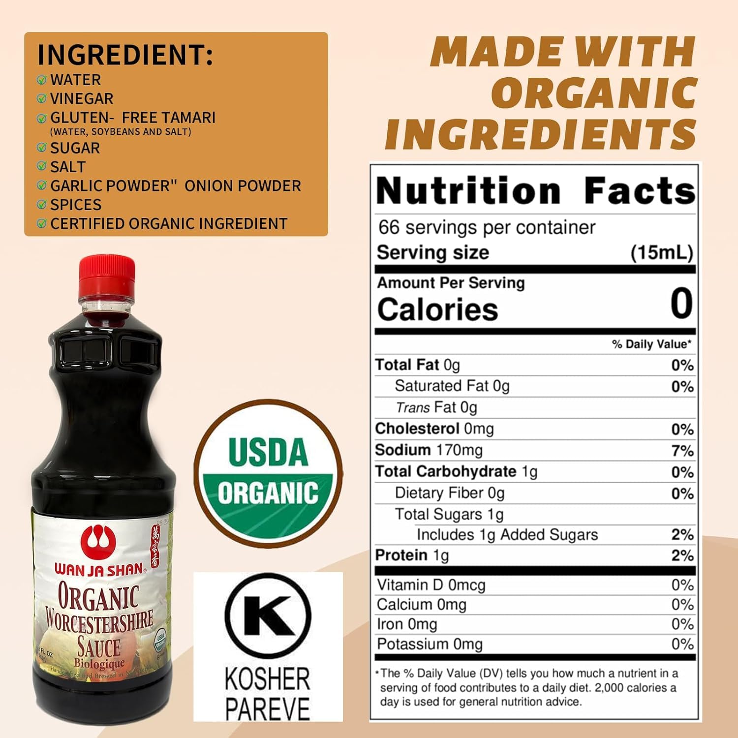 Wan Ja Shan Organic Worcestershire Sauce USDA Organic, Umami-Rich Flavor | Marinade, Glaze, Dressing & Dipping Sauce | Non GMO, Vegan, Kosher Parve