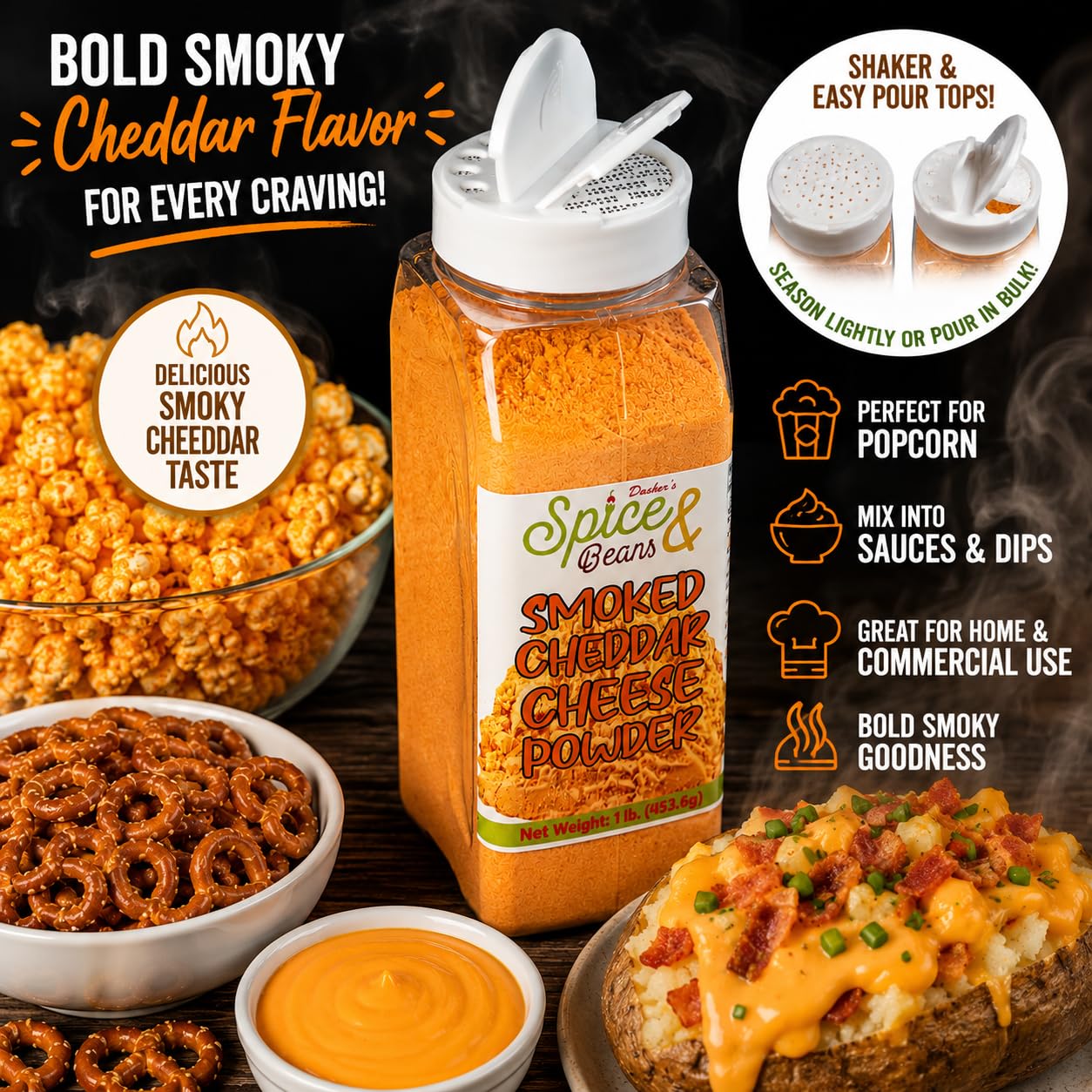 Smoked Cheddar Cheese Powder | Smoky Cheese Seasoning & Sauce Mix for Popcorn, Fries, Pasta, Pretzels & Snacks | Shaker & Easy Pour Tops Included | 1