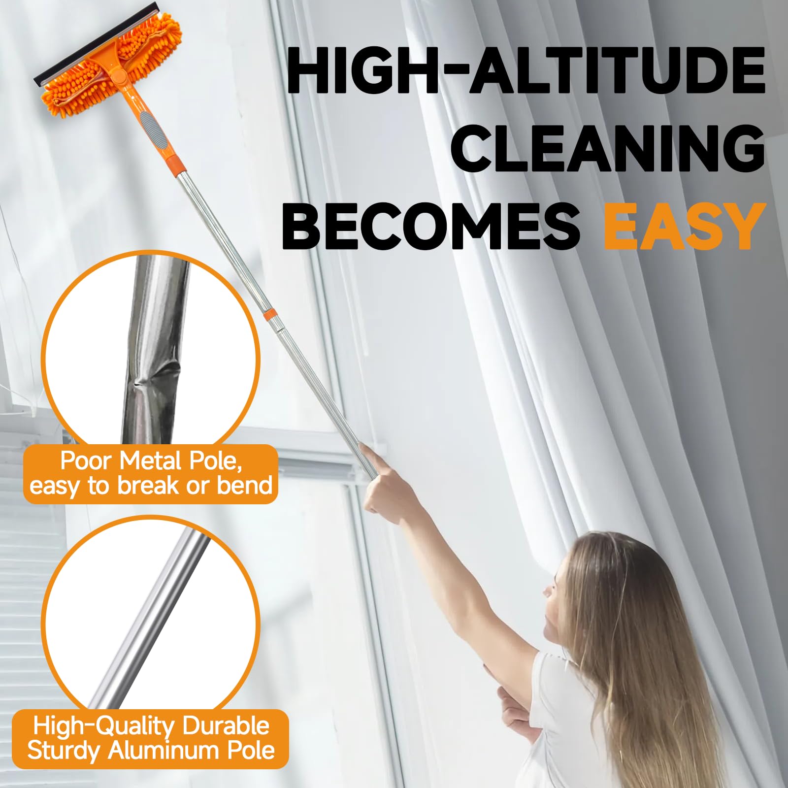 67" Squeegee Window Cleaner 2 in 1 Rotatable Window Cleaning Tool Kit with Extension Pole, Window Washing Equipment with Bendable Head for Indoor
