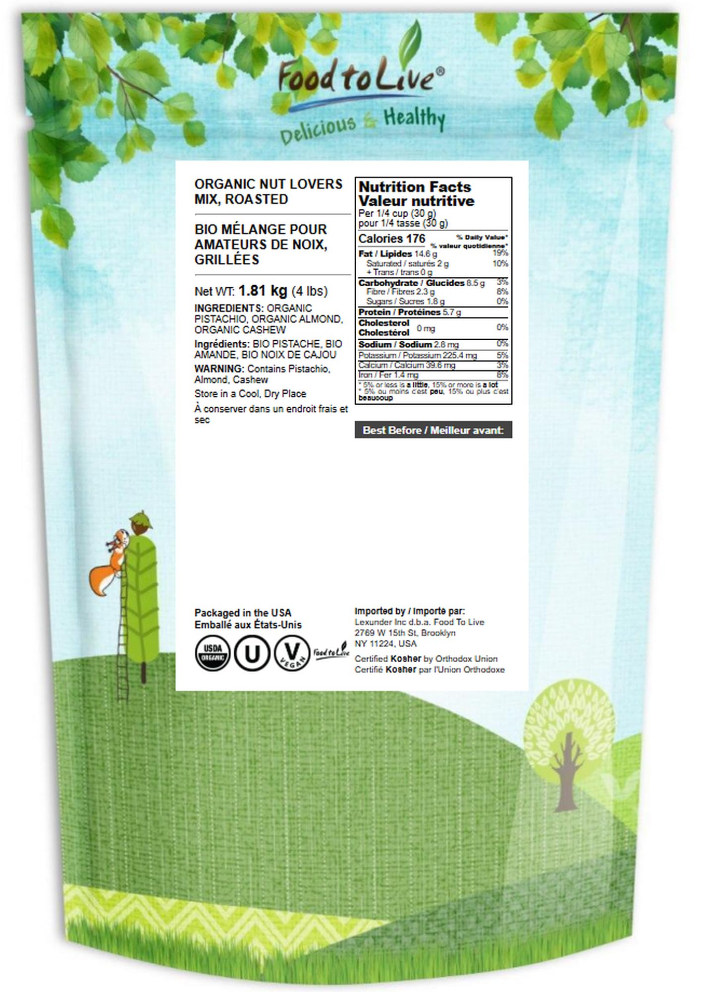 Food to Live Organic Dry Roasted Nut Lovers Mix, 4 Pounds - Oven Toasted Pistachios, Almonds and Cashews Blend. No Salt Added. Trail Snacks for Adults