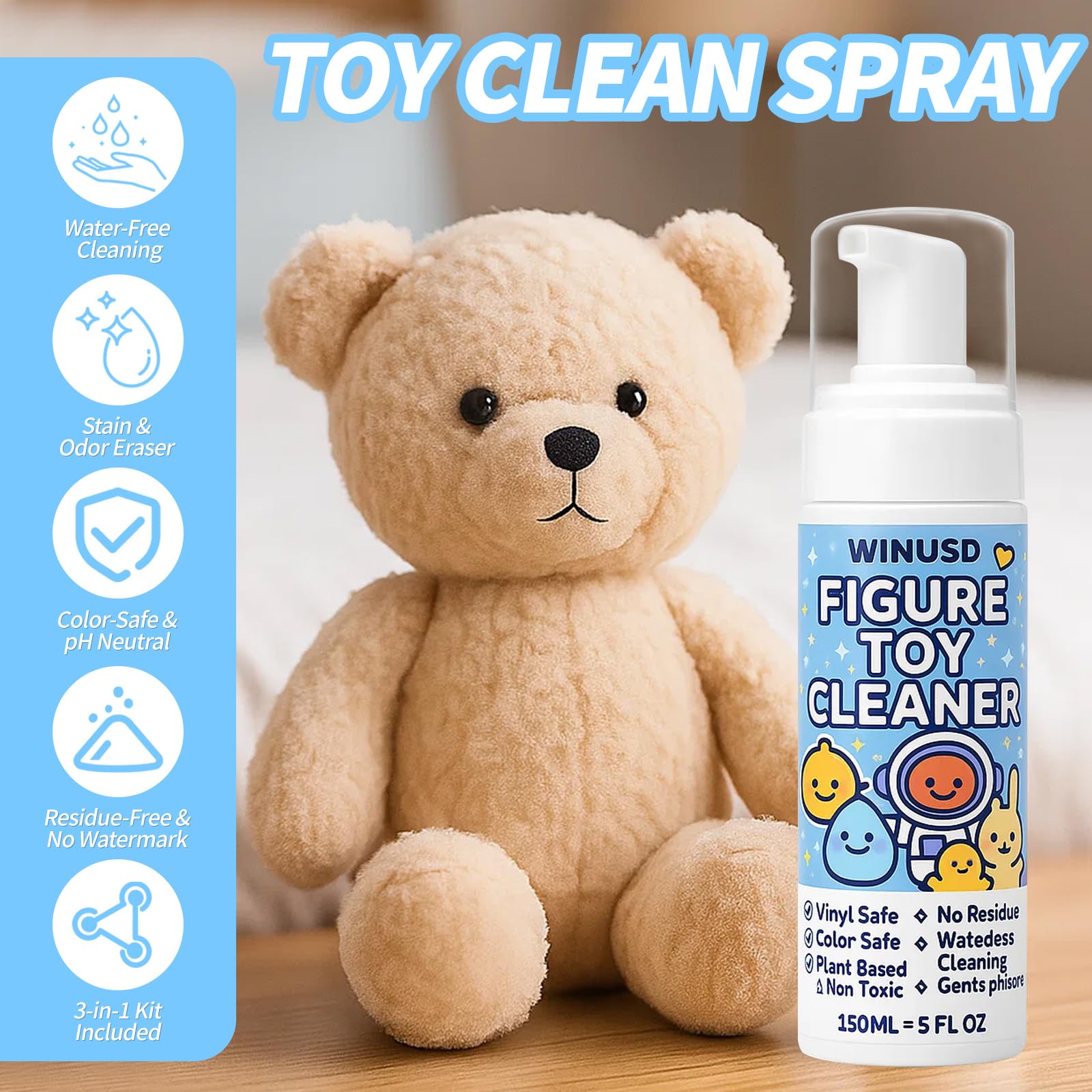 Figure & Plush Toy Cleaner - 5oz Foam Spray for Stuffed Animals & Soft Dolls with Brush & Cloth | No Rinse, Zero Residue, Color-Safe| Safe