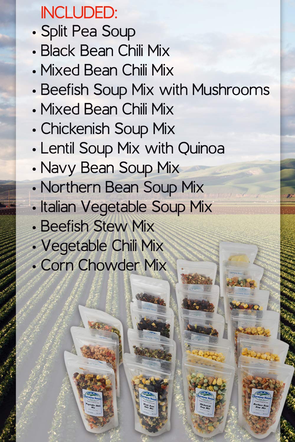 Harmony House Backpacking Soup and Chili Kit (Unseasoned) - 18 Count Variety Pack, Resealable Zip Pouches, For Cooking, Camping, Emergency Supply