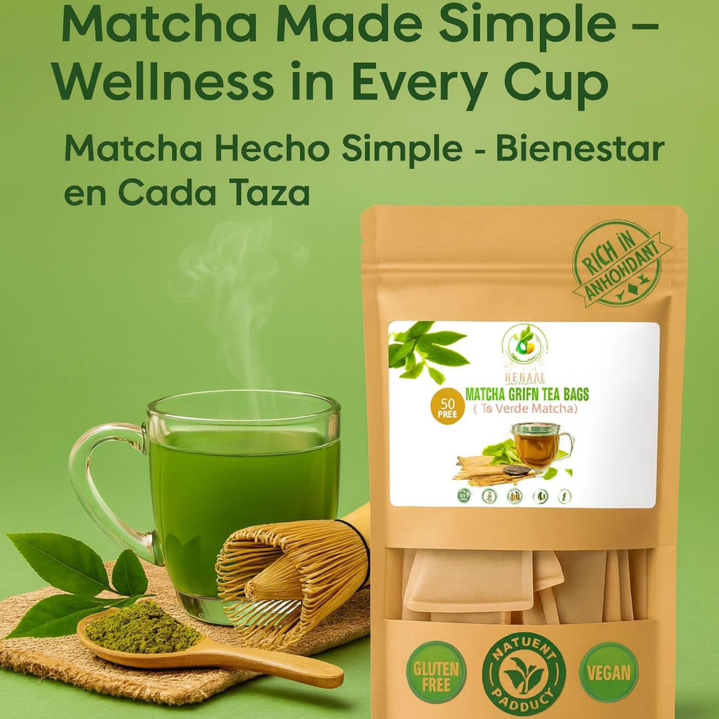 Green Matcha Tea - 50 Tea Bags (2 g Each) - Premium Japanese-Style Matcha for Hot & Iced Drinks - Antioxidant-Rich, Zero Calories - 100% Natural