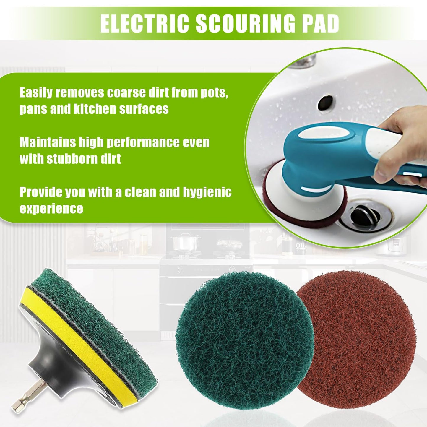 EPLZON 4 Inch Scrub Drill Brush Power Scouring Pads Household Cleaning Set for Kitchen Bathroom 4 Red Pads 4 Green Pads 1 Drill Attachment and 1