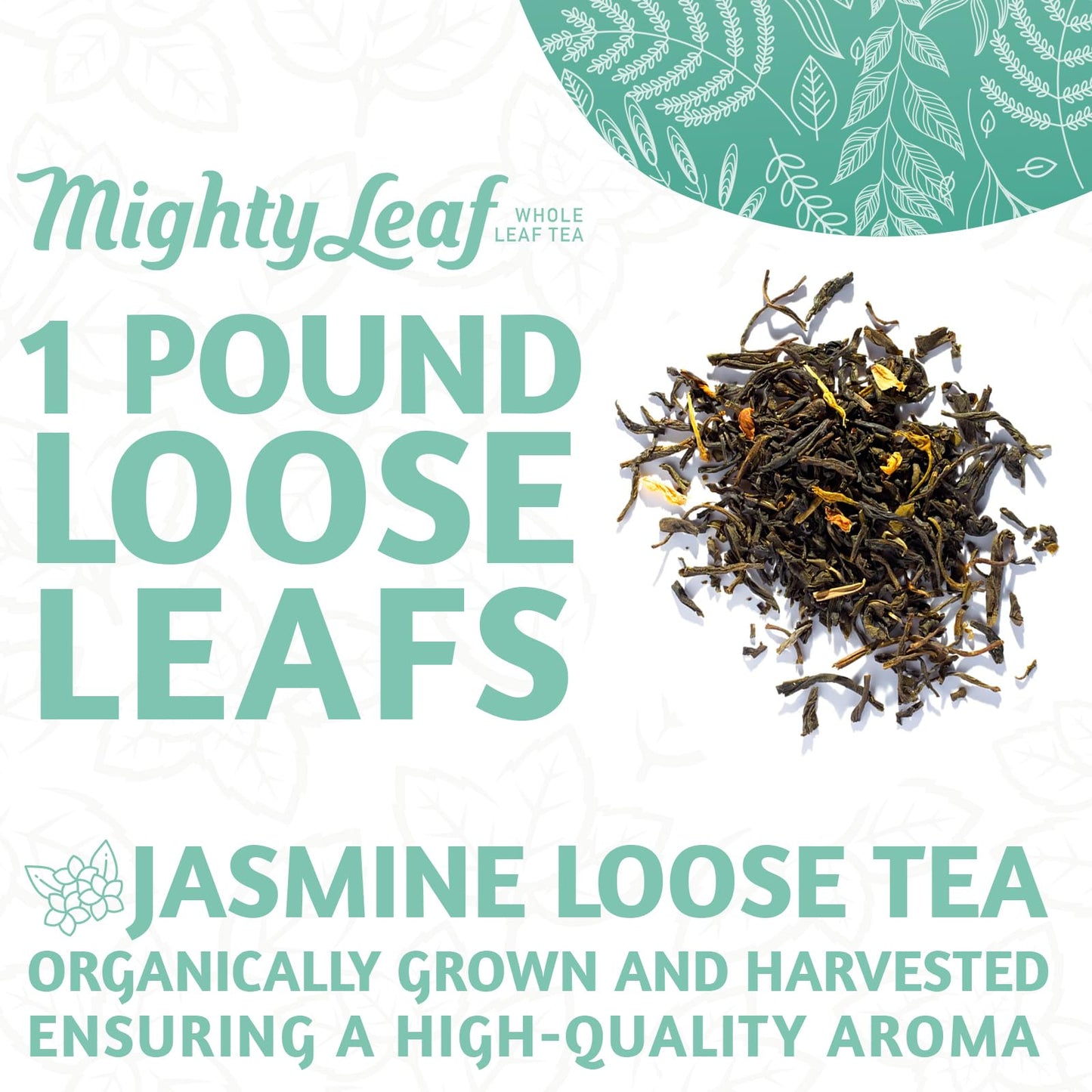 Mighty Leaf Organic Spring Jasmine Green Tea - 1 lb Bulk Loose Leaf Bag - Lightly Caffeinated Premium Whole Leaf Green Tea Naturally Scented