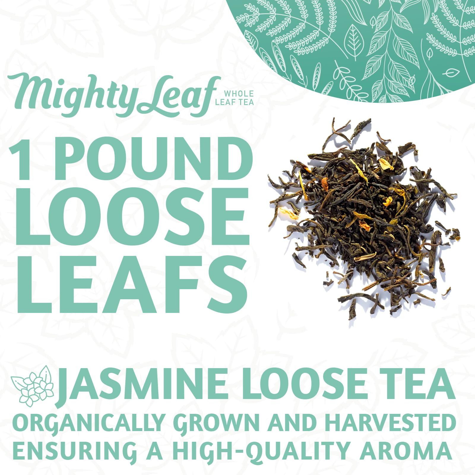 Mighty Leaf Organic Spring Jasmine Green Tea - 1 lb Bulk Loose Leaf Bag - Lightly Caffeinated Premium Whole Leaf Green Tea Naturally Scented