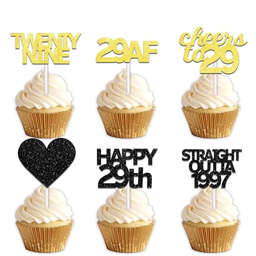 18pcs Black Gold Glitter Dessert Cupcake Pick for Straight Outta 1997 Cheer to 29 Years Old Theme Decor Supplies Happy 29th Birthday Party Decoration