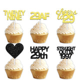 18pcs Black Gold Glitter Dessert Cupcake Pick for Straight Outta 1997 Cheer to 29 Years Old Theme Decor Supplies Happy 29th Birthday Party Decoration