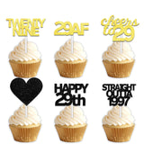 18pcs Black Gold Glitter Dessert Cupcake Pick for Straight Outta 1997 Cheer to 29 Years Old Theme Decor Supplies Happy 29th Birthday Party Decoration